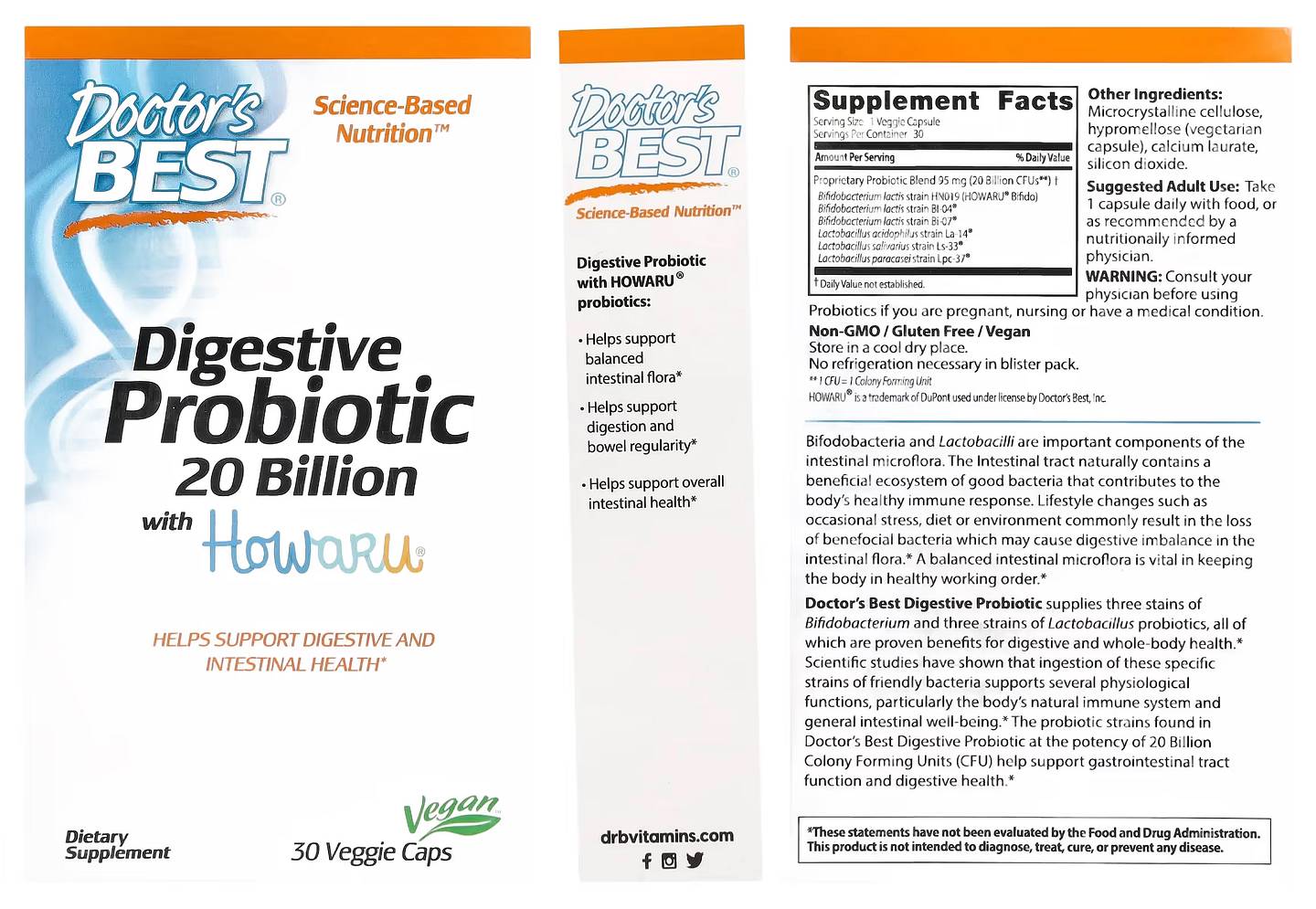 Doctor's Best, Digestive Probiotic 20 Billion with Howaru packaging