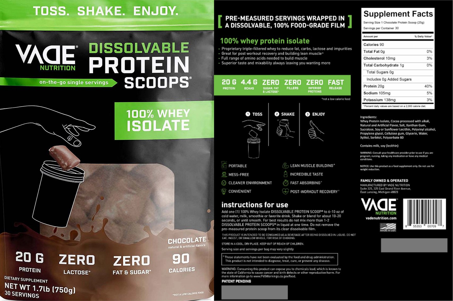 Vade Nutrition, Dissolvable Protein Packs, 100% Whey Isolate, Chocolate Milkshake label