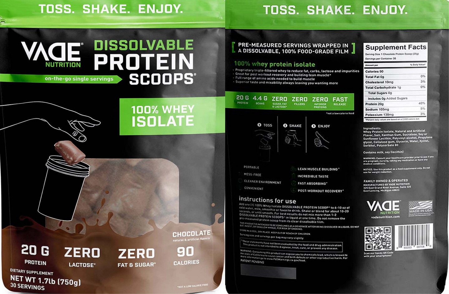 Vade Nutrition, Dissolvable Protein Packs, 100% Whey Isolate, Vanilla Milkshake label