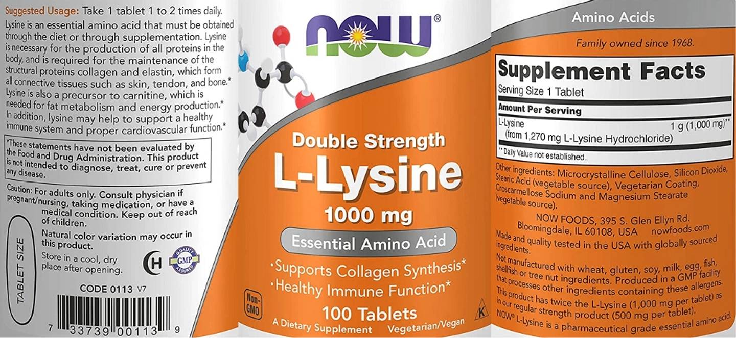 NOW Foods, Double Strength L-Lysine label