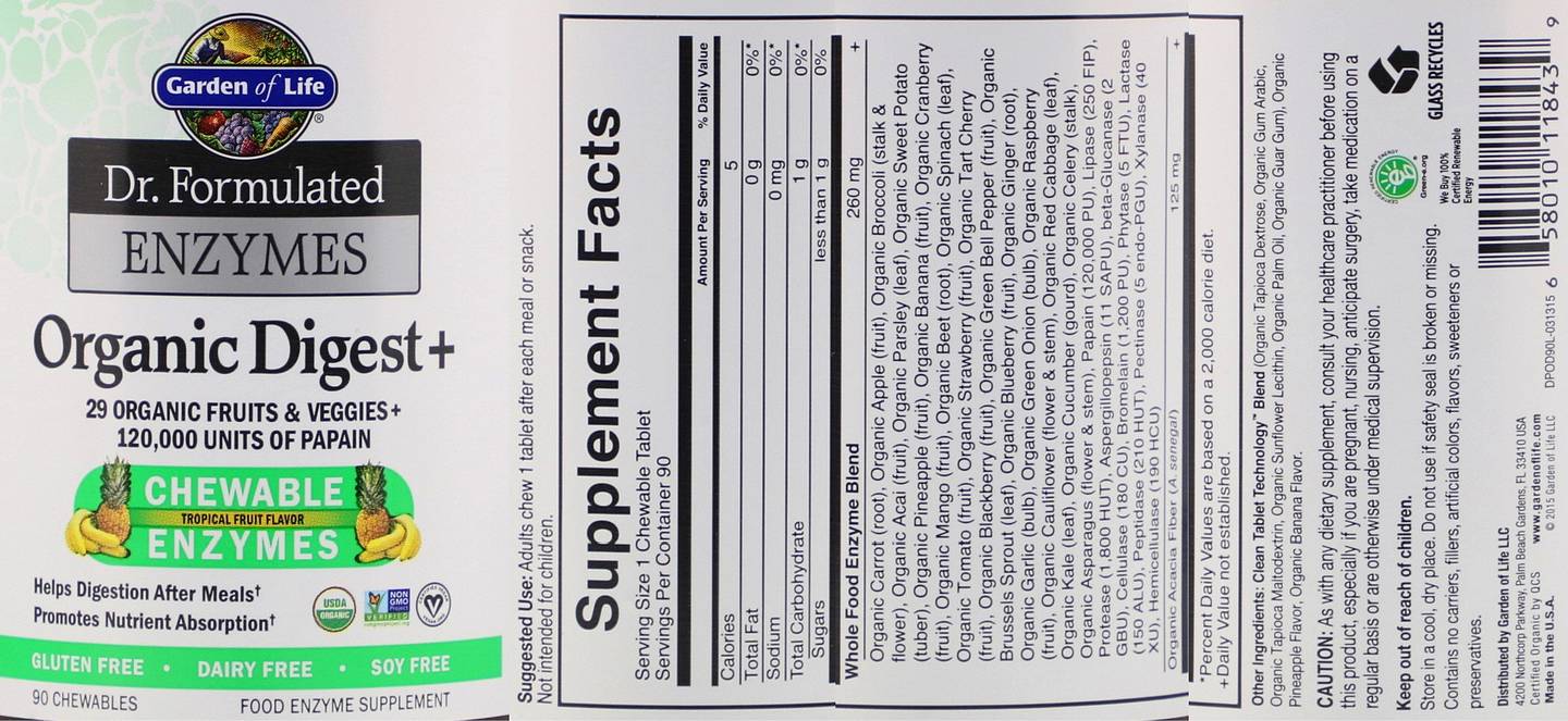 Garden of Life, Dr. Formulated Enzymes, Organic Digest +, Tropical Fruit label