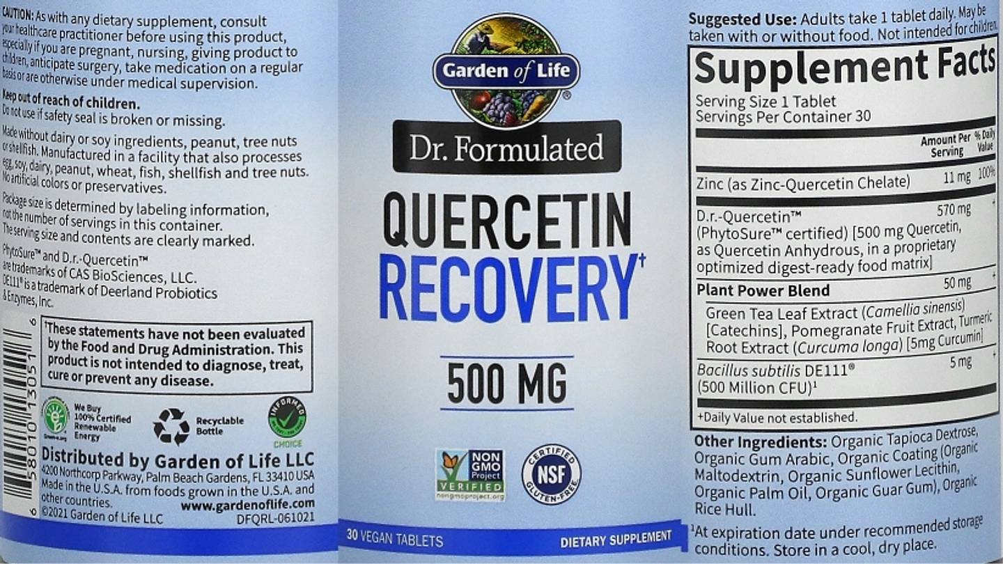 Garden of Life, Dr. Formulated Quercetin Recovery label