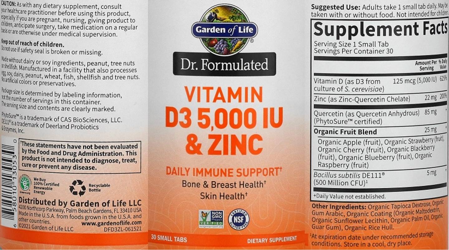 Garden of Life, Dr. Formulated, Vitamin D3 & Zinc label