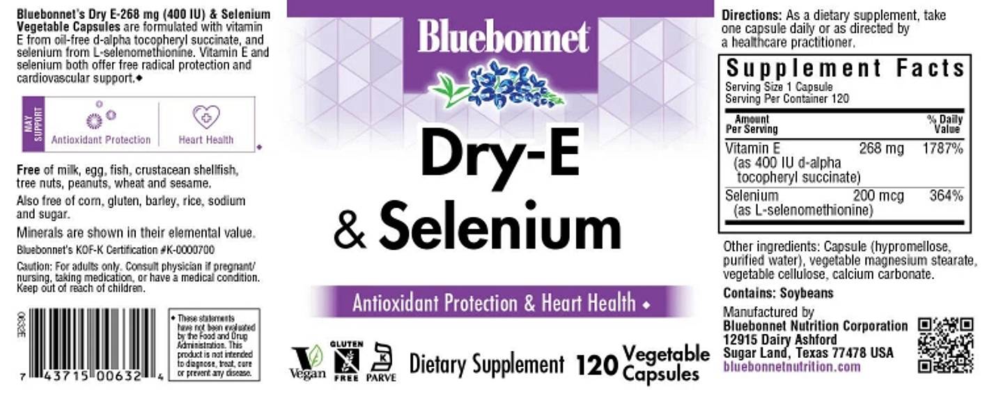 Bluebonnet Nutrition, Dry-E & Selenium label