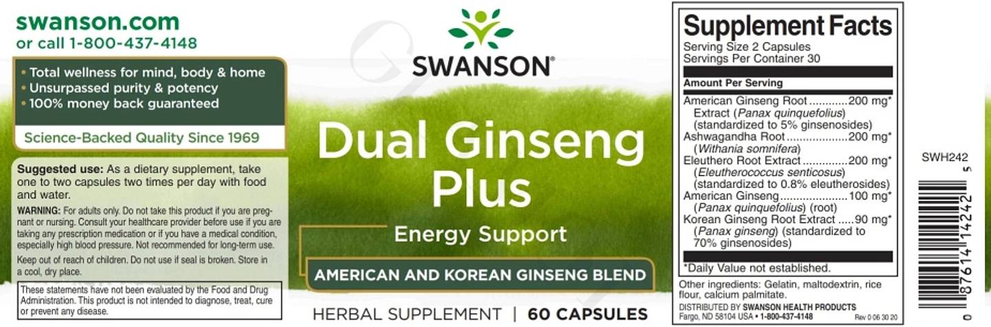 Swanson, Dual Ginseng Plus label