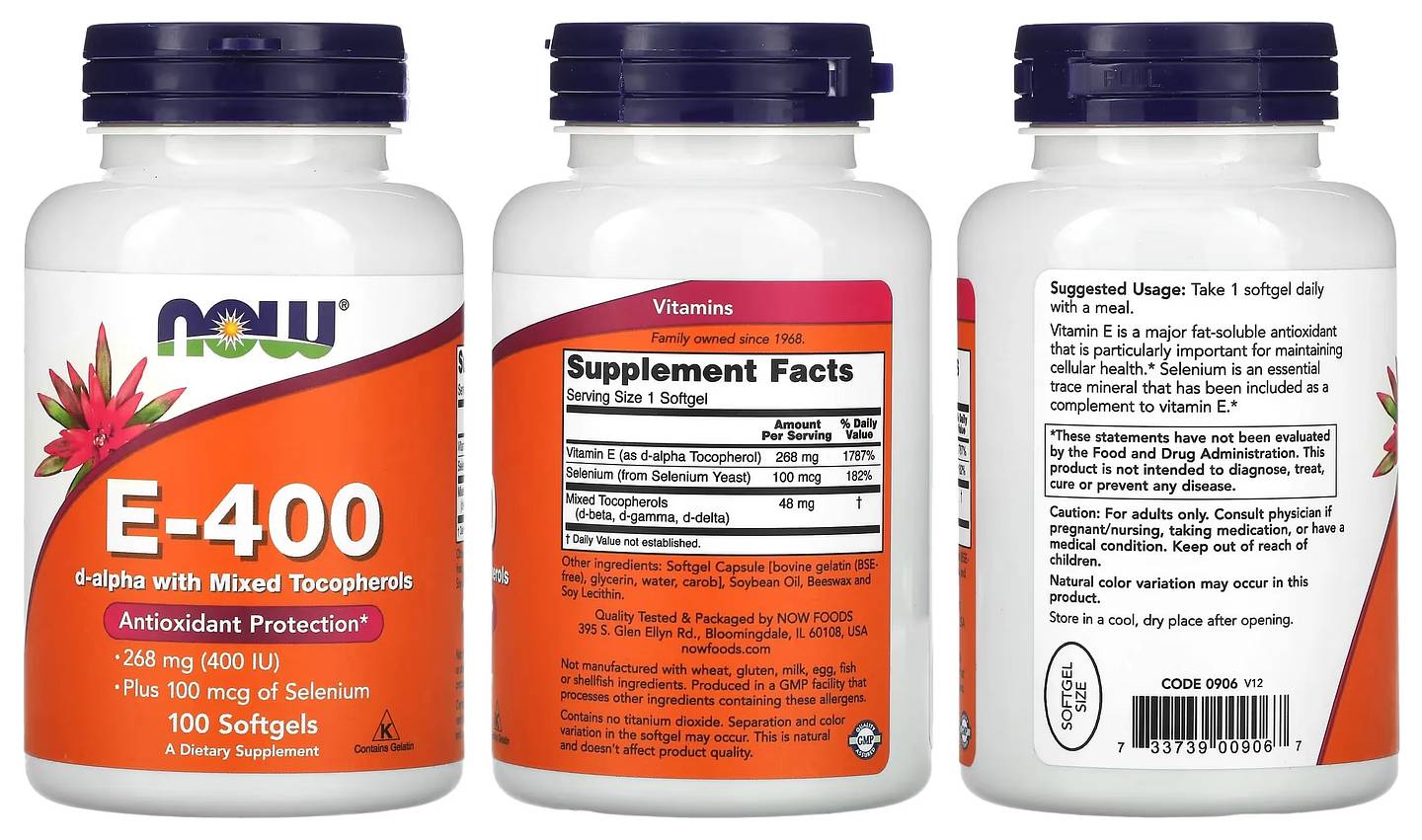 NOW Foods, E-400 D-Alpha with Mixed Tocopherols packaging