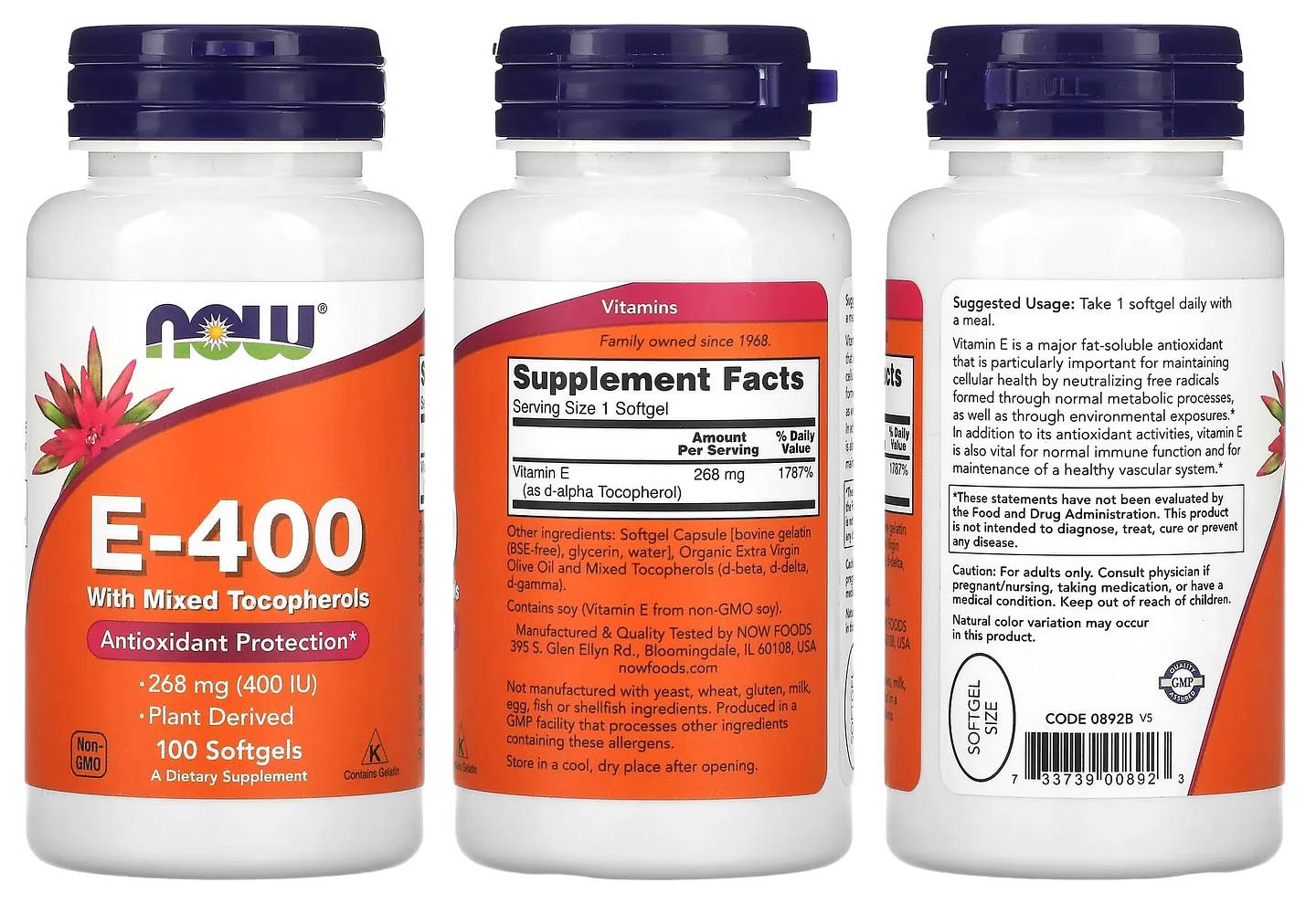 NOW Foods, E-400 with Mixed Tocopherols packaging