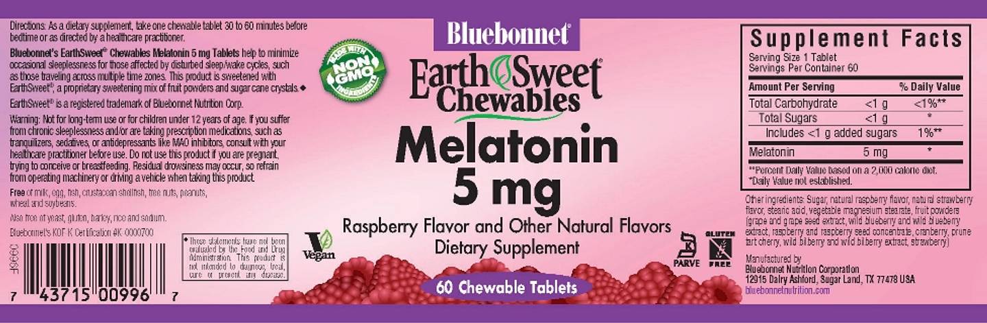 Bluebonnet Nutrition, Earth Sweet Chewables, Melatonin, Raspberry label