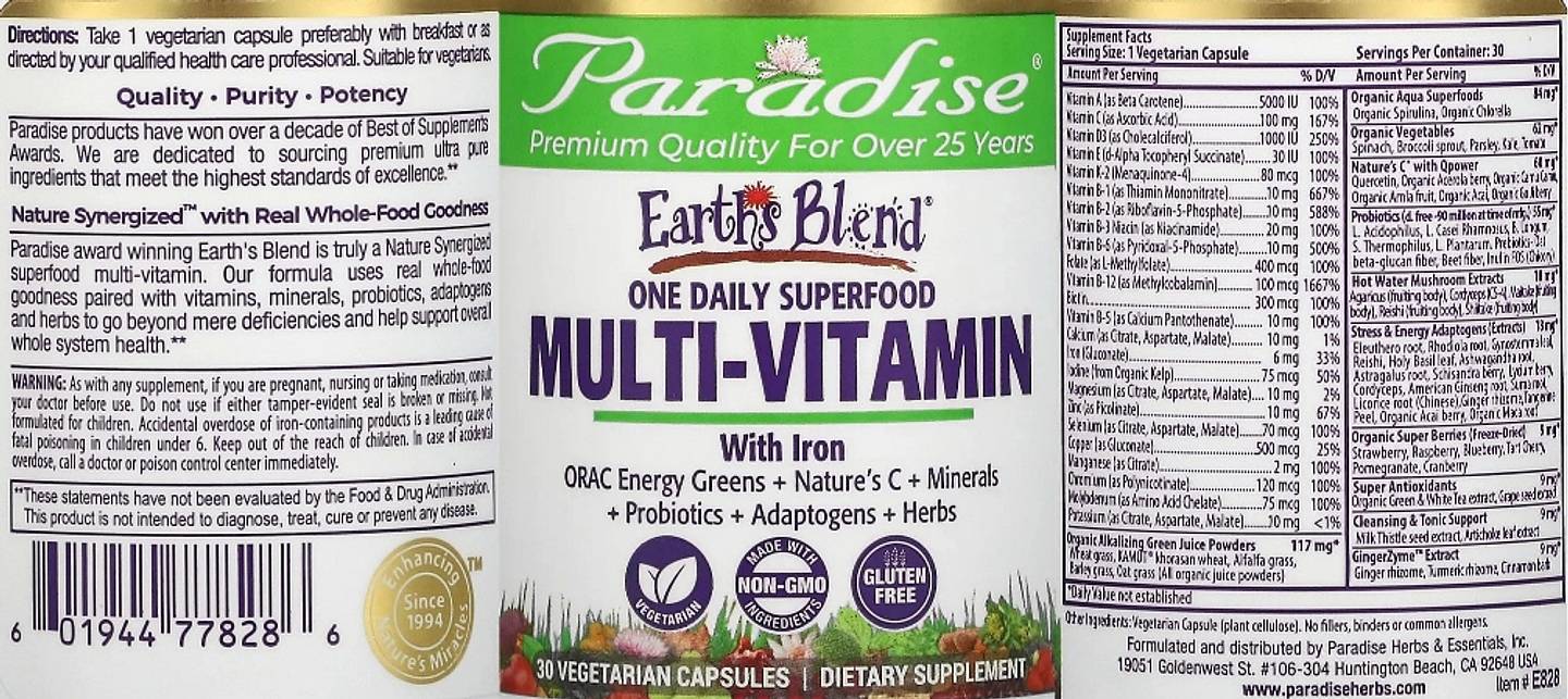 Paradise Herbs, Earth's Blend, One Daily Superfood Multi-Vitamin with Iron label