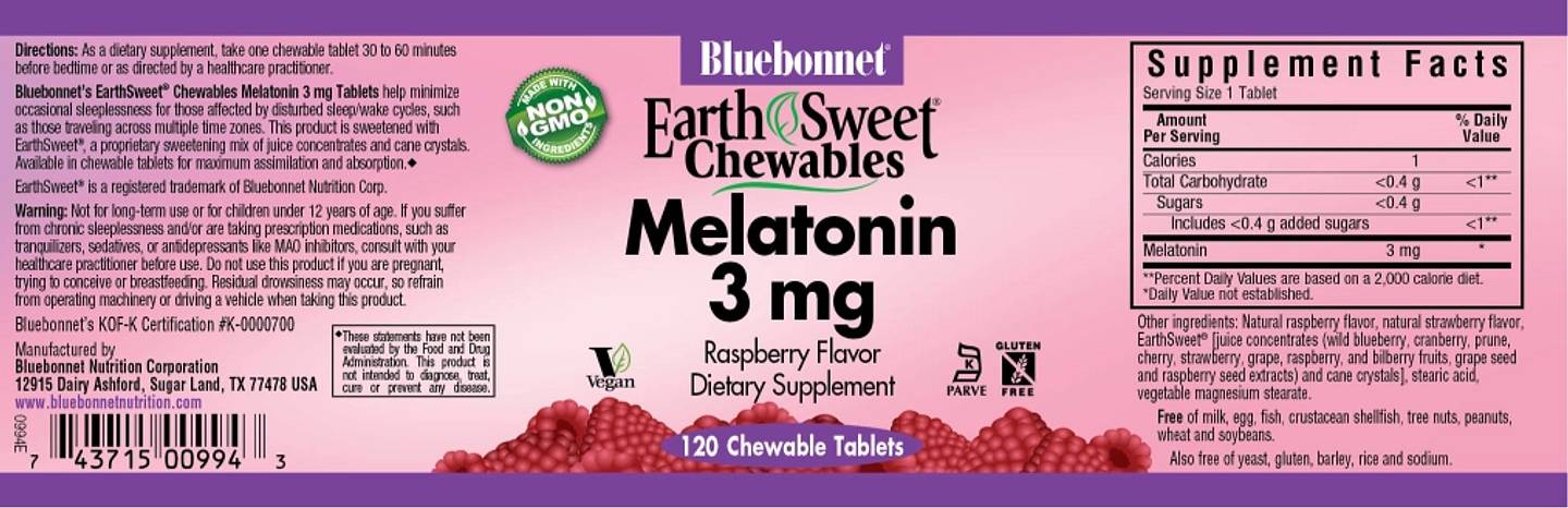 Bluebonnet Nutrition, EarthSweet Chewables, Melatonin, Natural Raspberry label