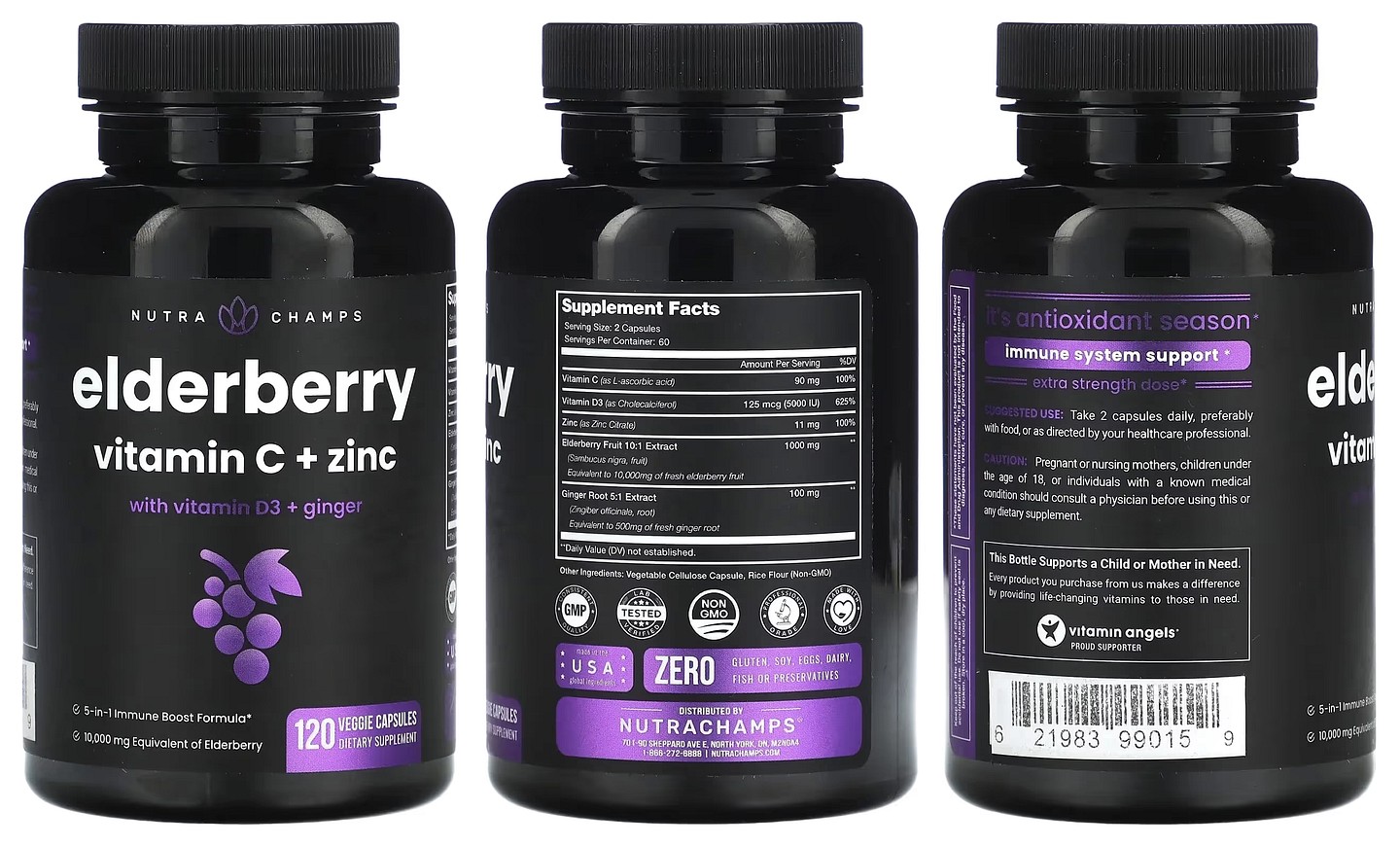 NutraChamps, Elderberry Vitamin C + Zinc with Vitamin D3 + Ginger packaging