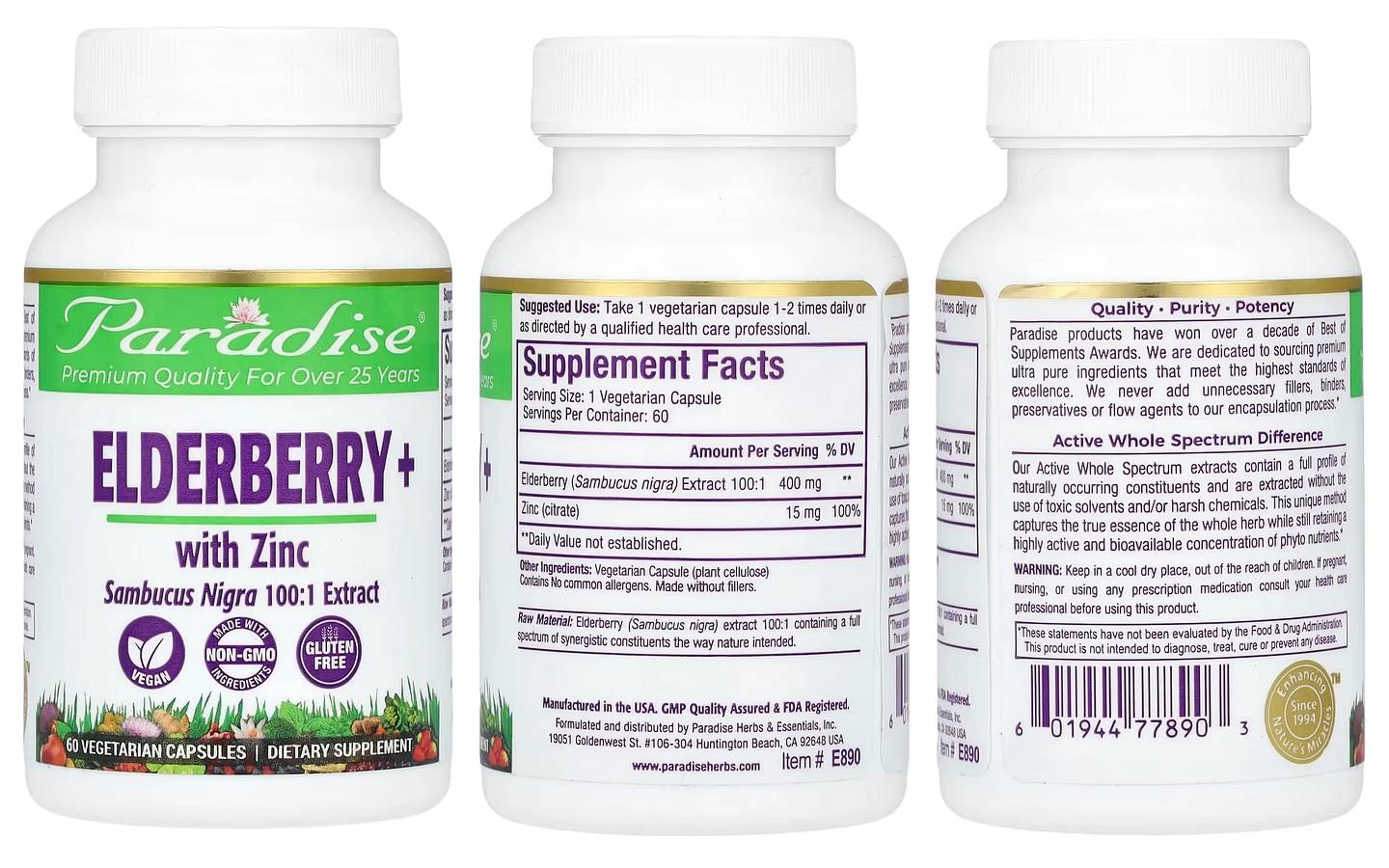 Paradise Herbs, Elderberry+ with Zinc packaging