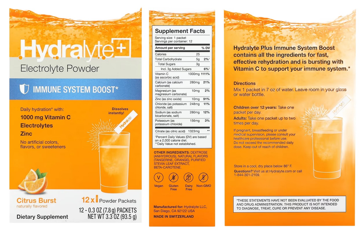 Hydralyte, Electrolyte Powder, Immune System Boost, Citrus Burst packaging
