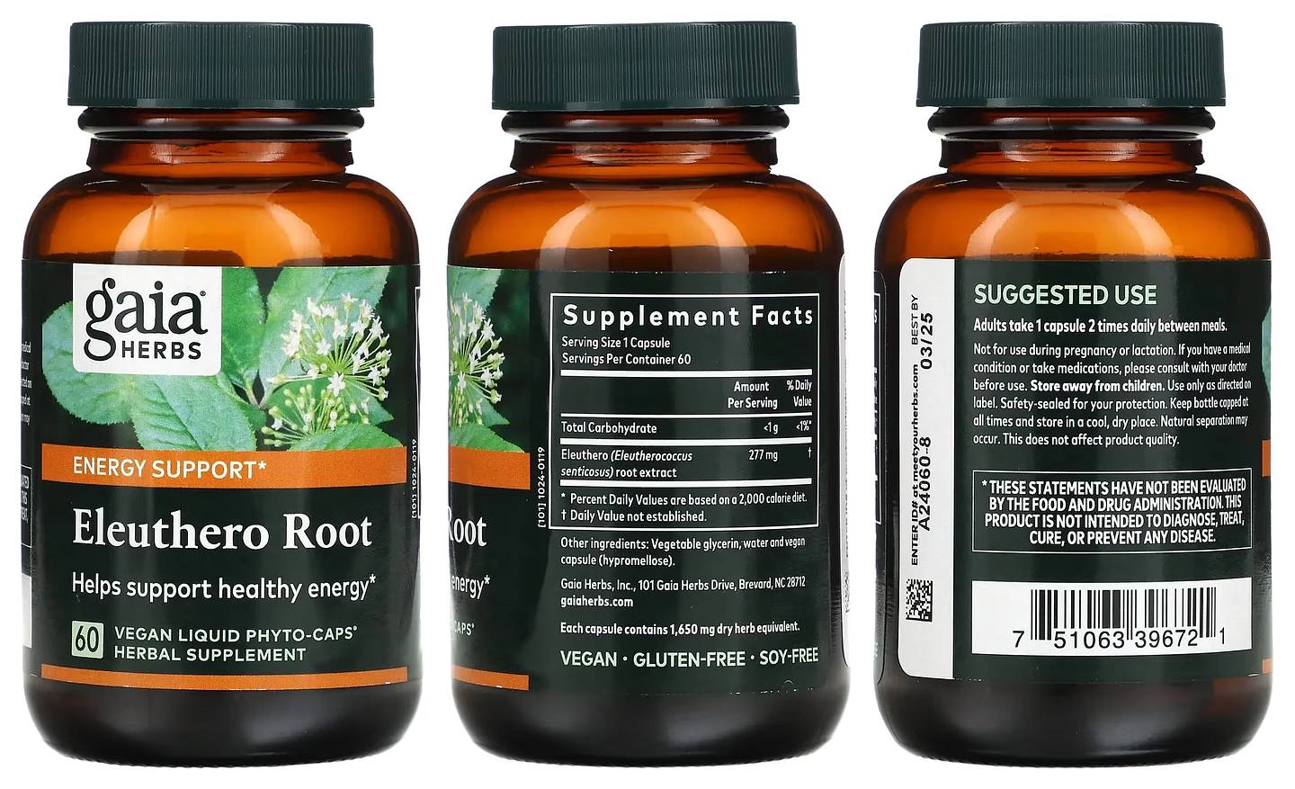 Gaia Herbs, Eleuthero Root packaging