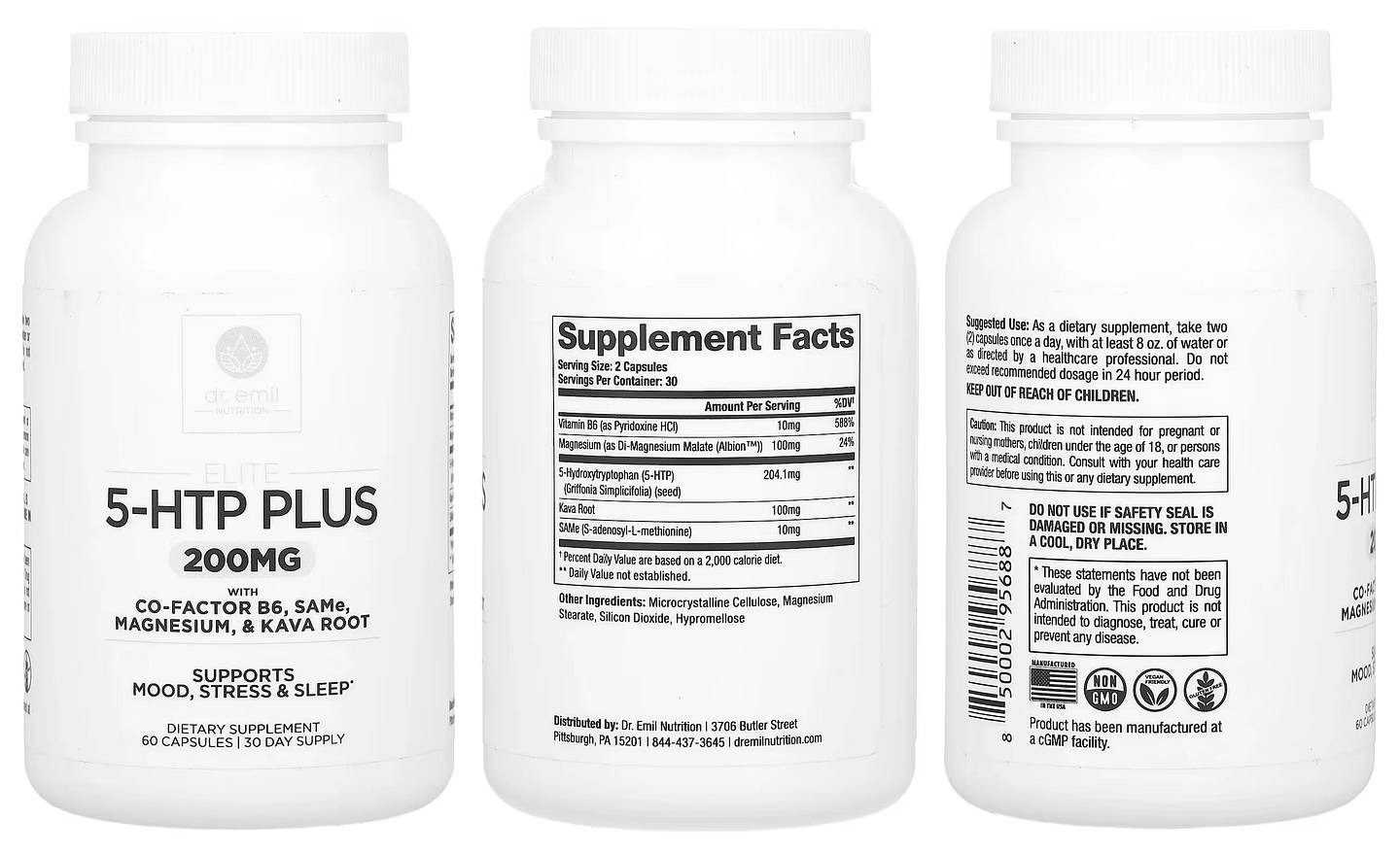 Dr. Emil Nutrition, Elite, 5-HTP Plus with Co-Factor B6, SAMe, Magnesium, & Kava Root packaging