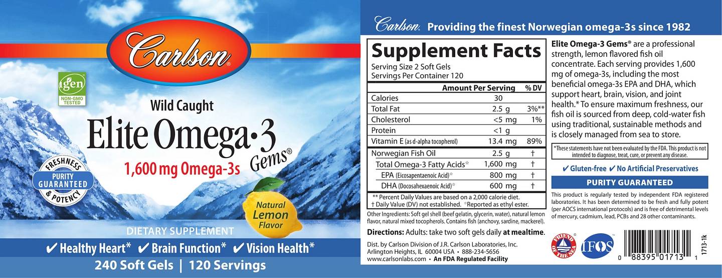 Carlson, Elite Omega 3 Gems, Natural Lemon label