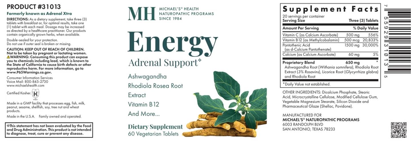 Michael's Naturopathic, Energy Adrenal Support label
