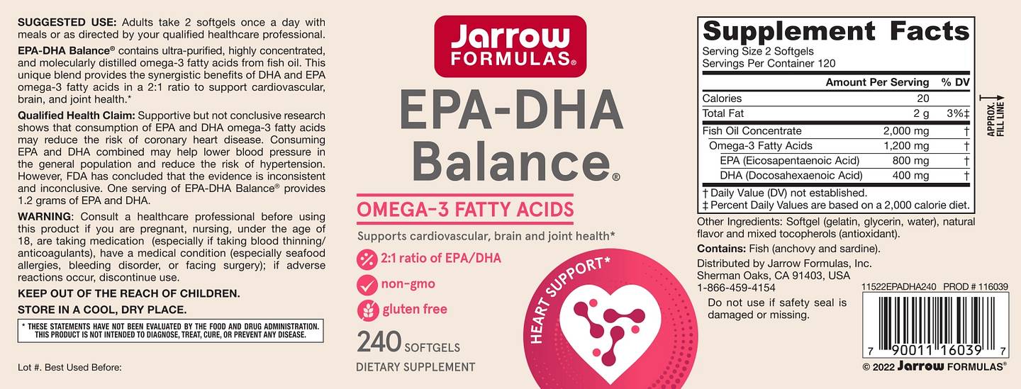 Jarrow Formulas, EPA-DHA Balance label