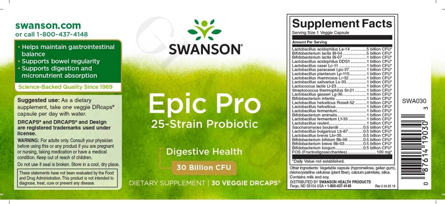 Swanson, Epic Pro 25-Strain Probiotic label