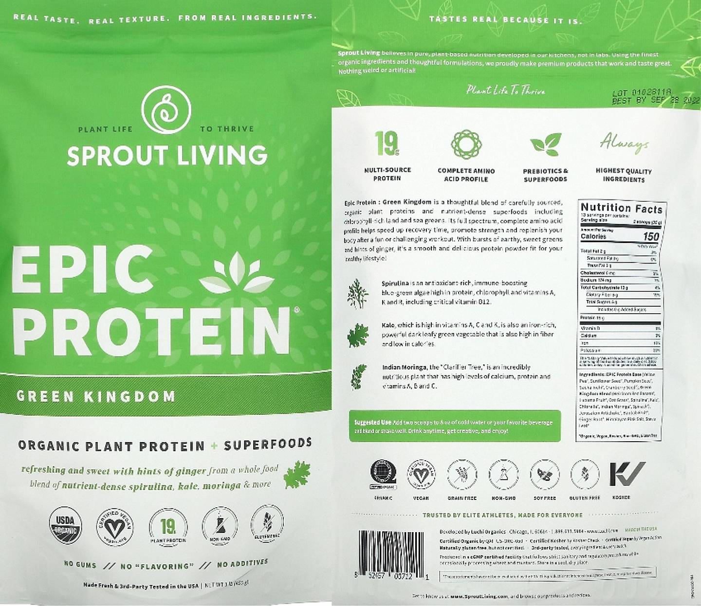 Sprout Living, Epic Protein, Organic Plant Protein + Superfoods, Green Kingdom label