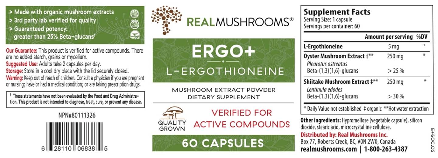 Real Mushrooms, ERGO + L-Ergothioneine label