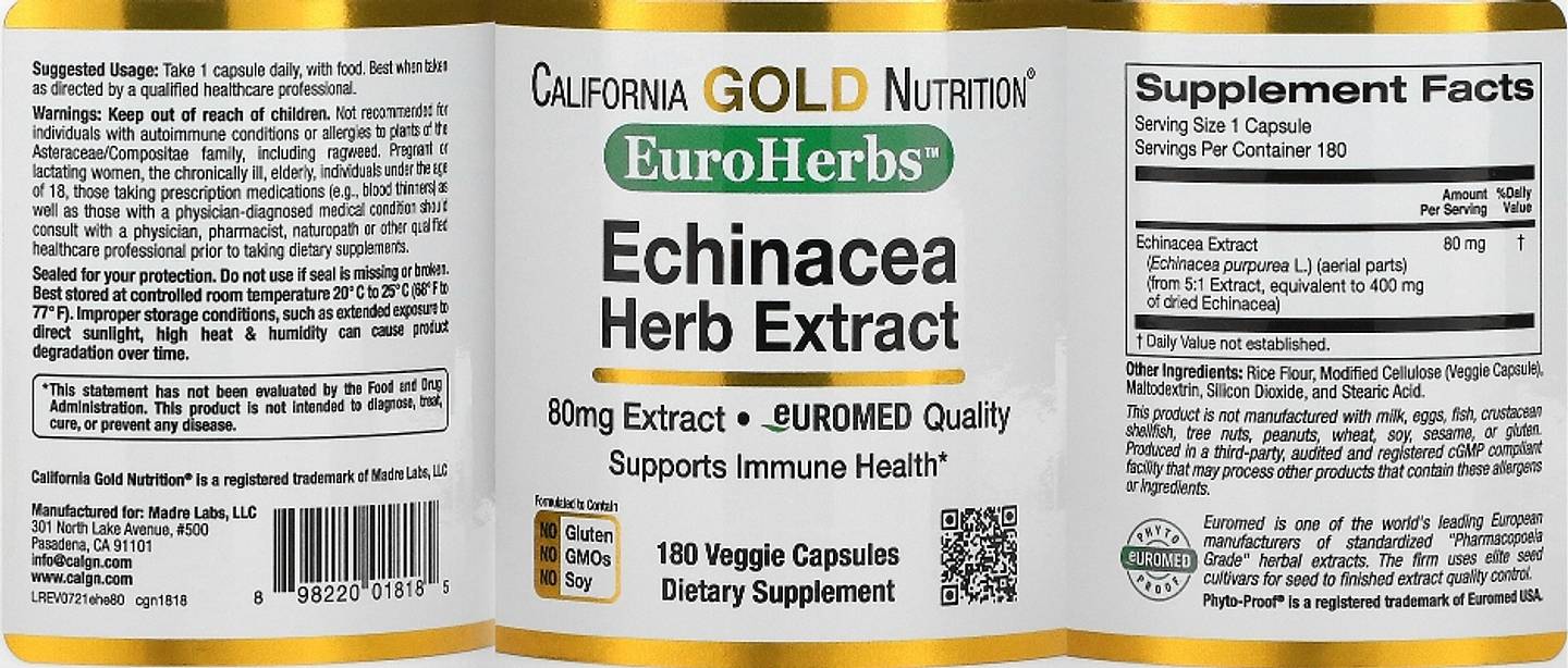 California Gold Nutrition, EuroHerbs Echinacea Herb Extract label