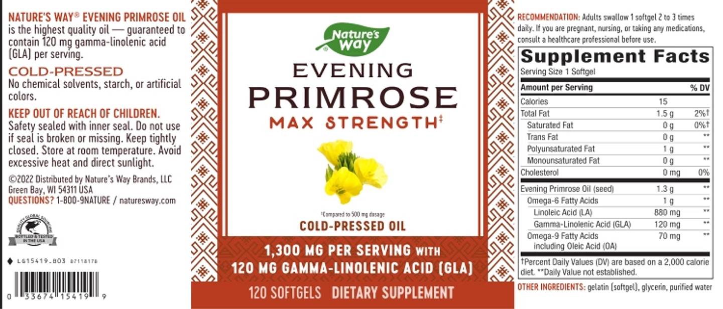 Nature's Way, Evening Primrose, Cold-Pressed Oil, Max Strength, 1,300 mg label