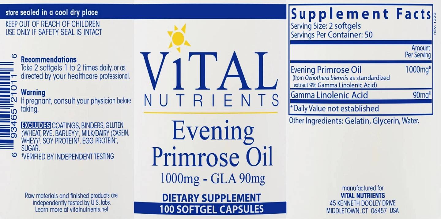 Vital Nutrients, Evening Primrose Oil label