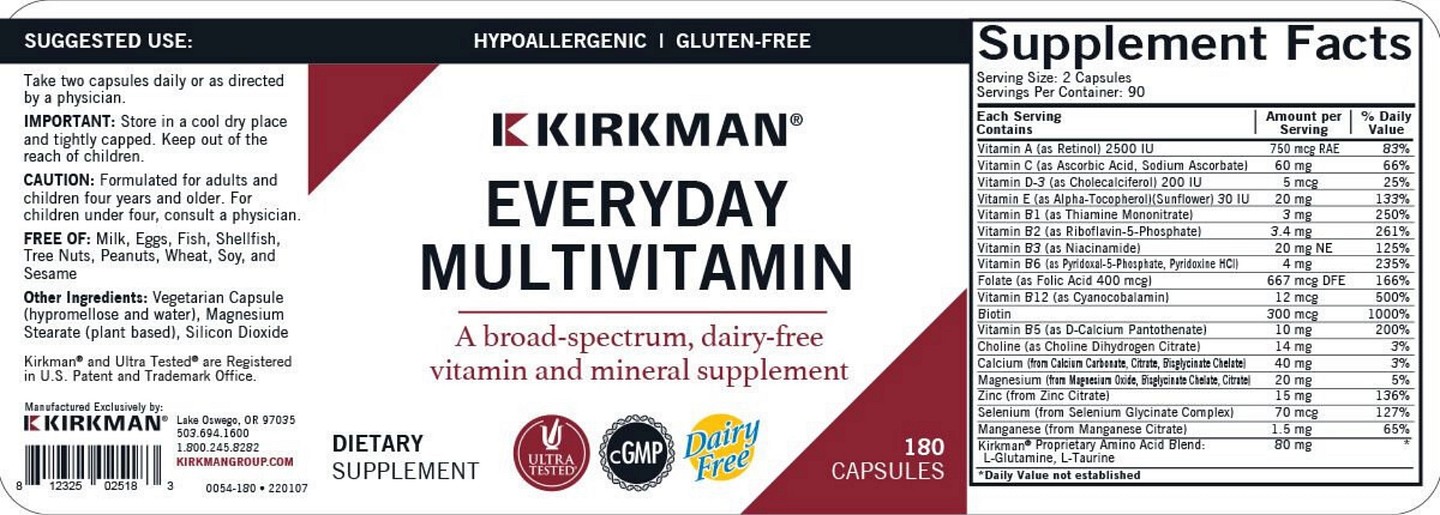 Kirkman Labs, Everyday Multivitamin label