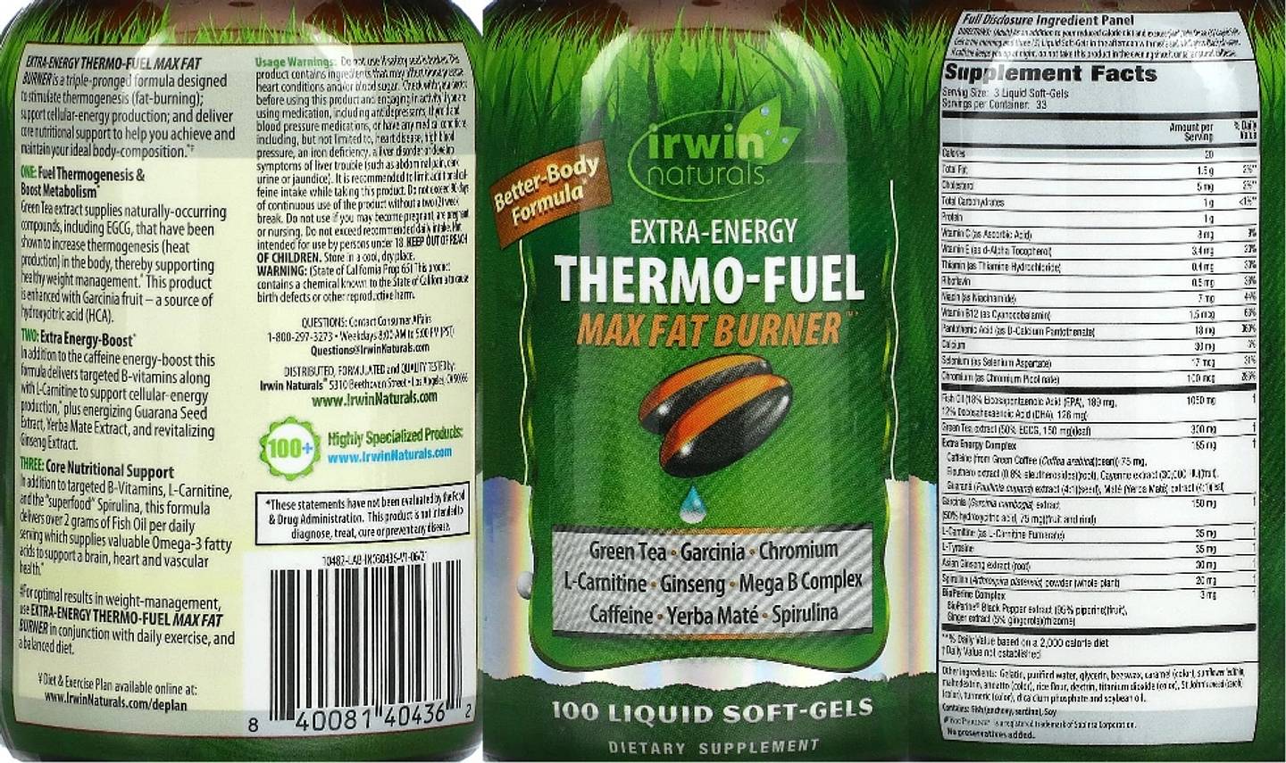 Irwin Naturals, Extra-Energy Thermo-Fuel Max Fat Burner label