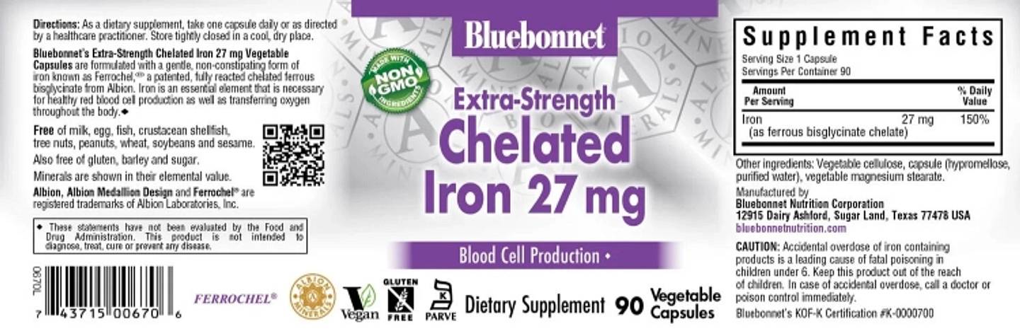 Bluebonnet Nutrition, Extra Strength Chelated Iron label