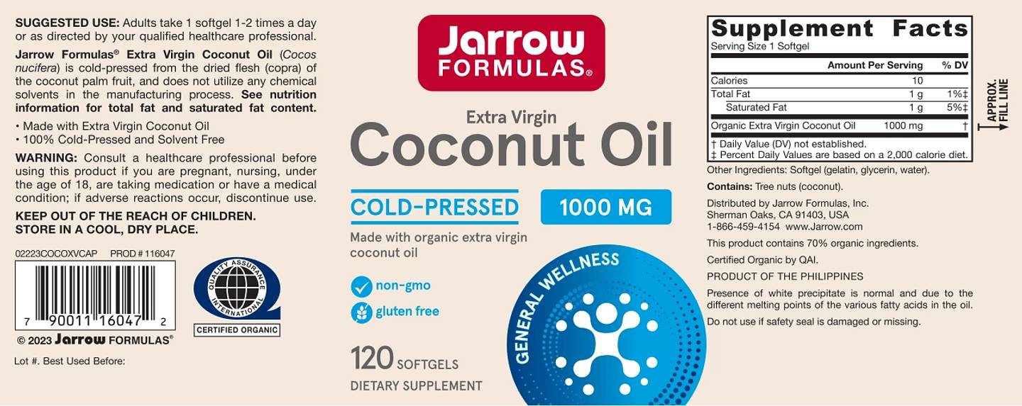 Jarrow Formulas, Extra Virgin Coconut Oil label