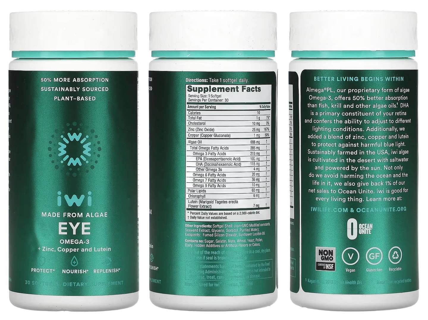 iWi, Eye, Omega-3 + Zinc, Copper and Lutein packaging