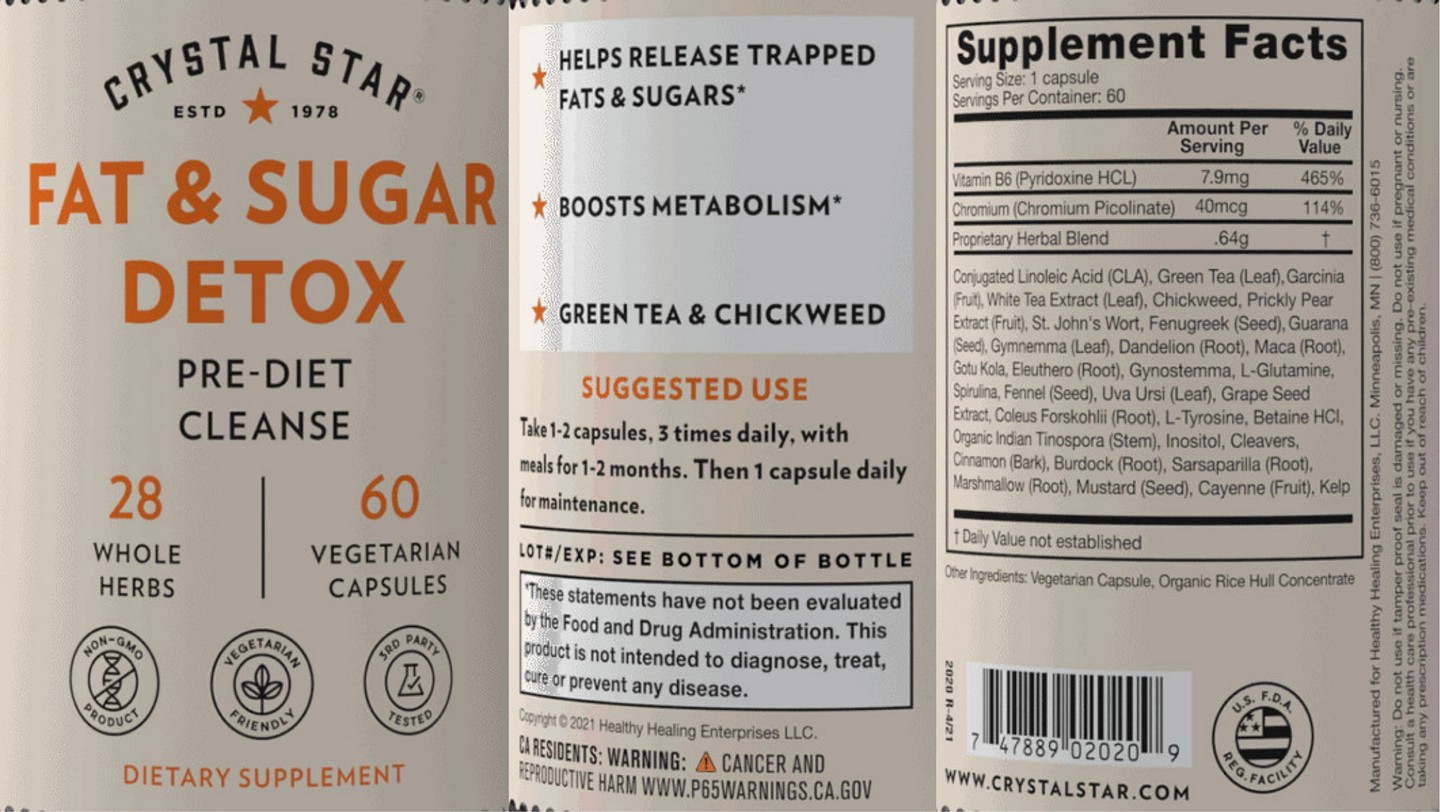 Crystal Star, Fat & Sugar Detox label