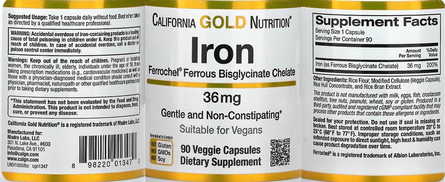 California Gold Nutrition, Ferrochel Iron (Bisglycinate) label