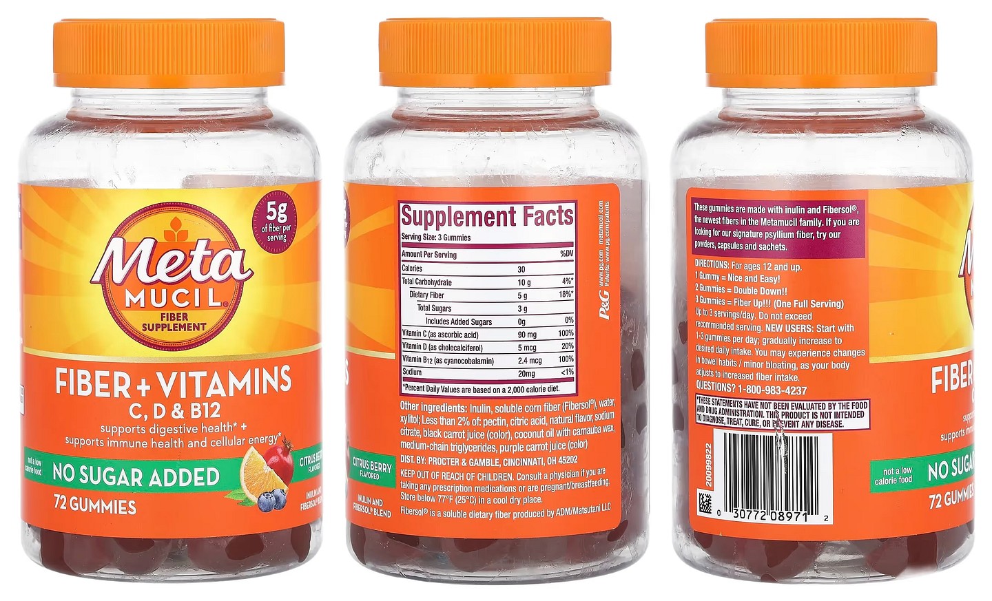 Metamucil, Fiber + Vitamins, C, D, & B12, Citrus Berry packaging