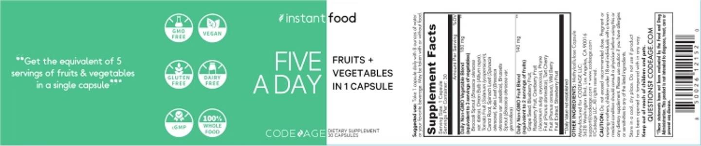 Codeage, Five A Day, Fruits + Vegetables in 1 Capsule label