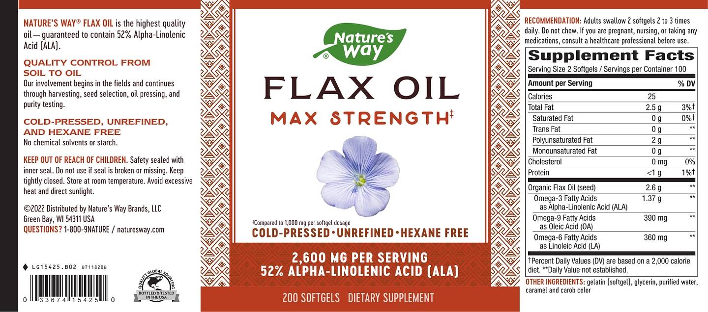 Nature's Way, Flax Oil, Max Strength, 2,600 mg label