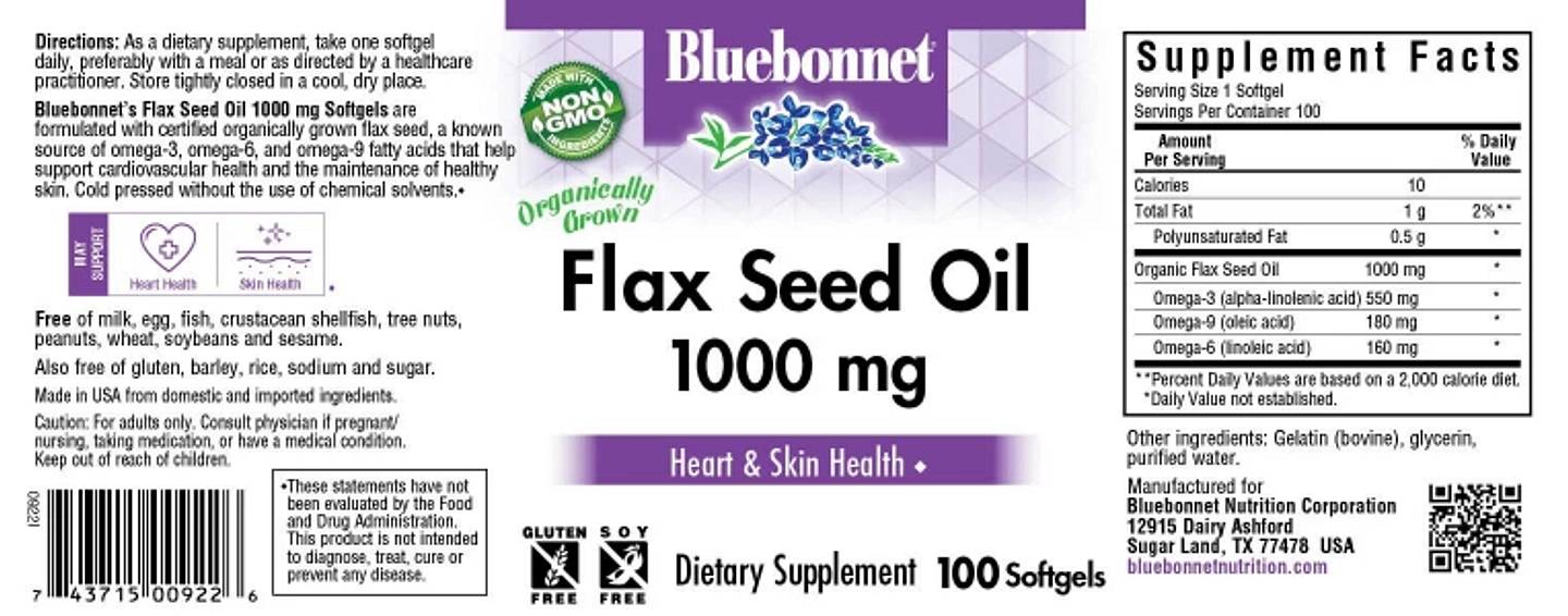 Bluebonnet Nutrition, Flax Seed Oil label