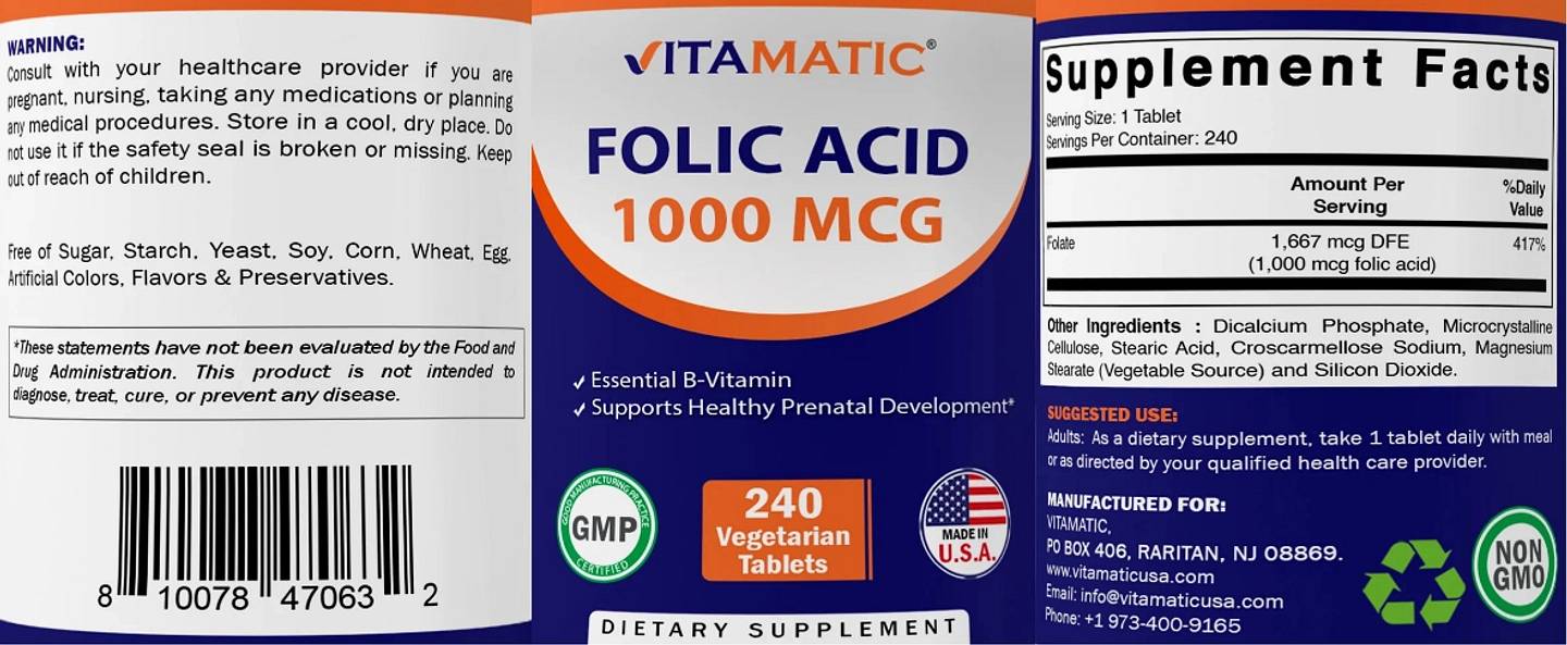 Vitamatic, Folic Acid label