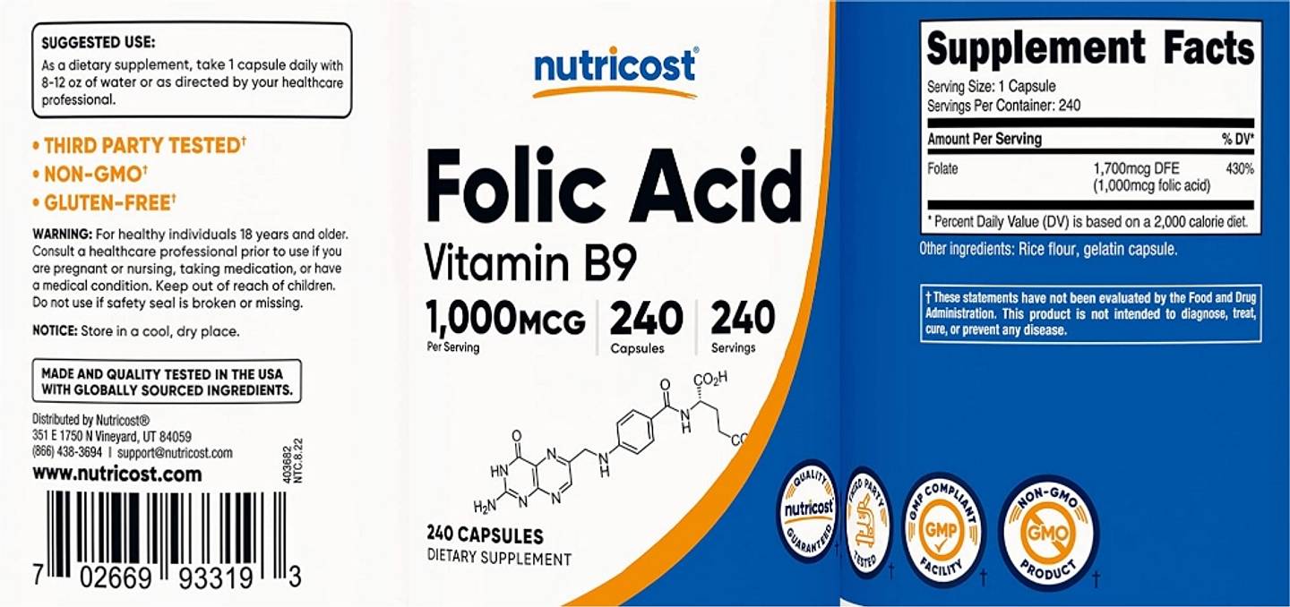 Nutricost, Folic Acid label