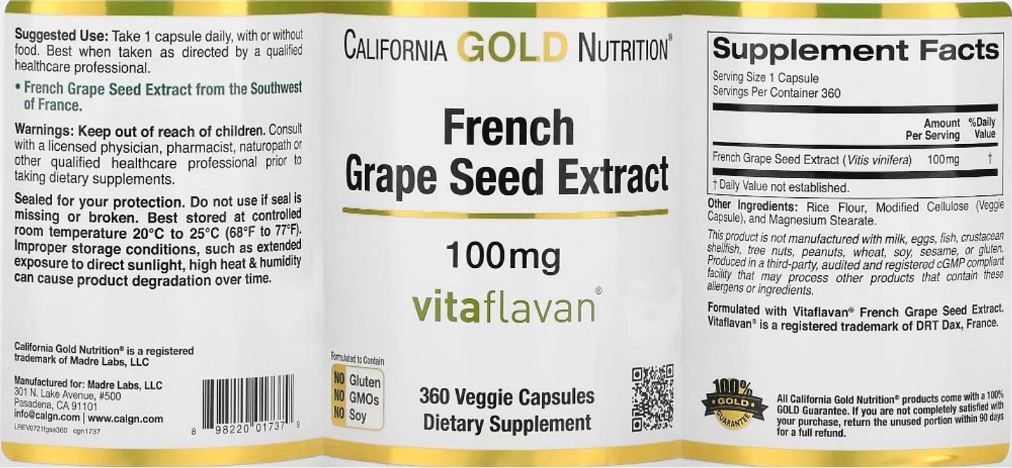 California Gold Nutrition, French Grape Seed Extract label