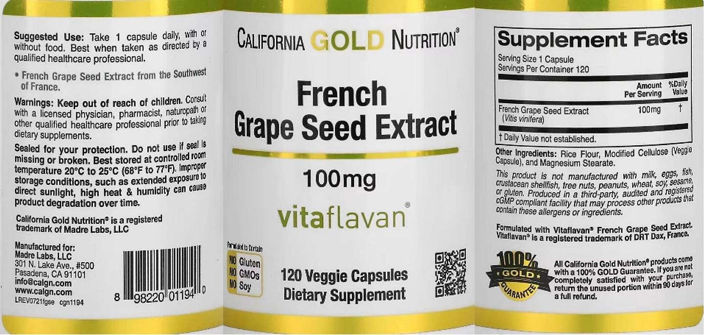 California Gold Nutrition, French Grape Seed Extract label