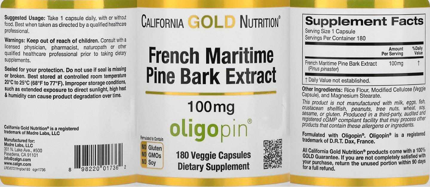 California Gold Nutrition, French Maritime Pine Bark Extract label