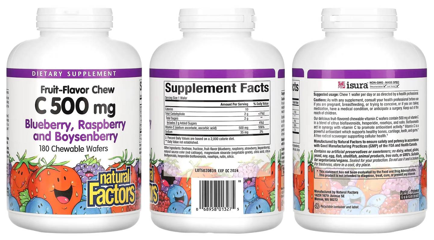 Natural Factors, Fruit-Flavor Chew Vitamin C, Blueberry, Raspberry and Boysenberry packaging