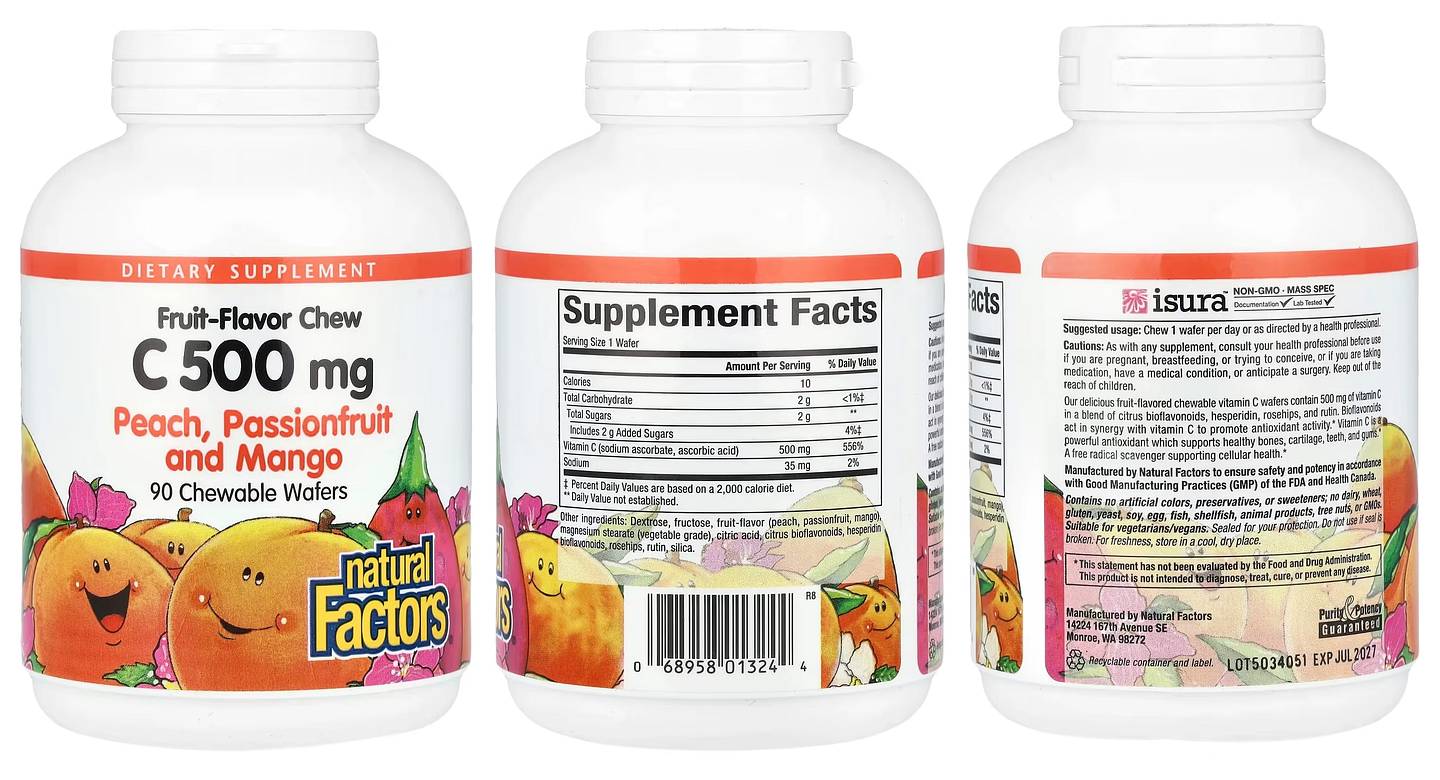 Natural Factors, Fruit-Flavor Chew Vitamin C, Peach, Passionfruit and Mango, 500 mg packaging