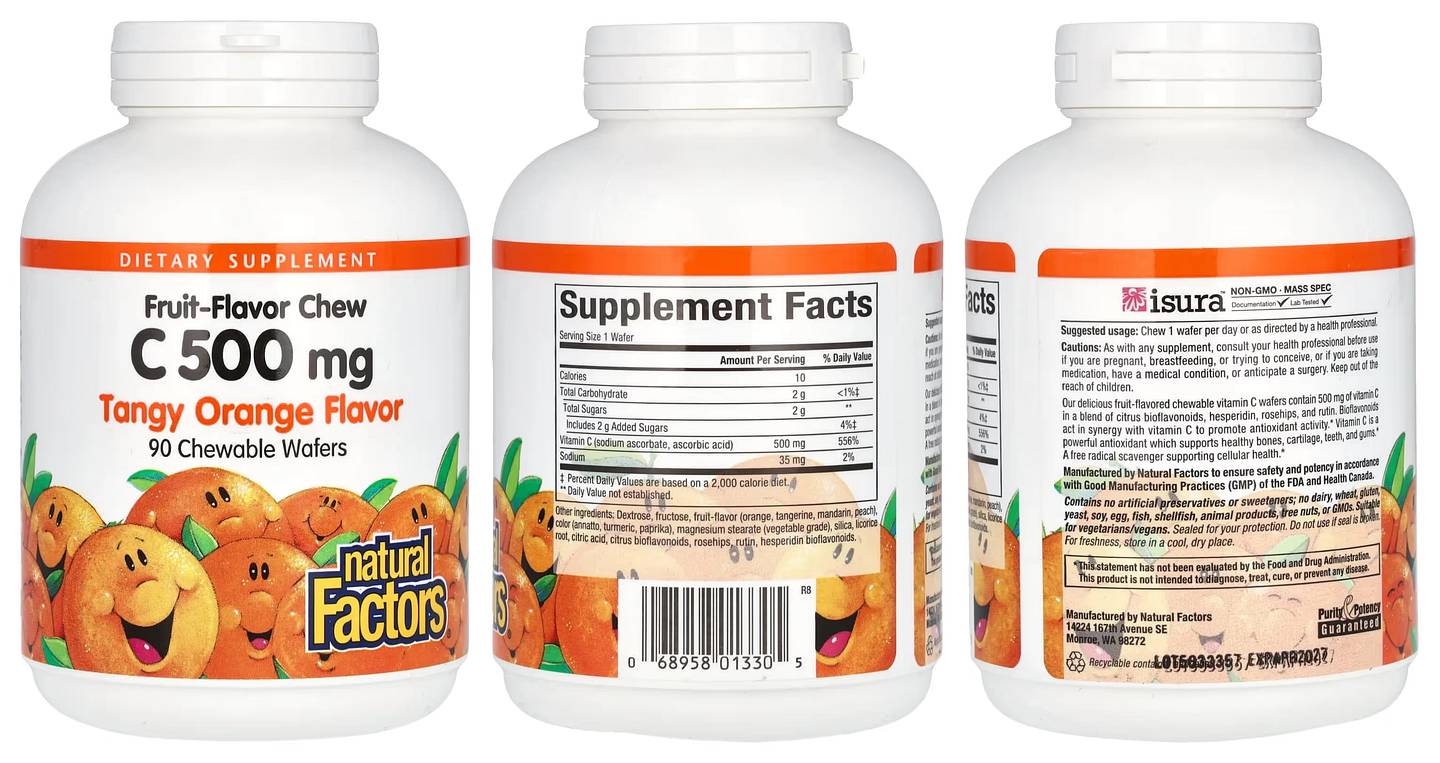 Natural Factors, Fruit-Flavor Chew Vitamin C, Tangy Orange, 500 mg packaging