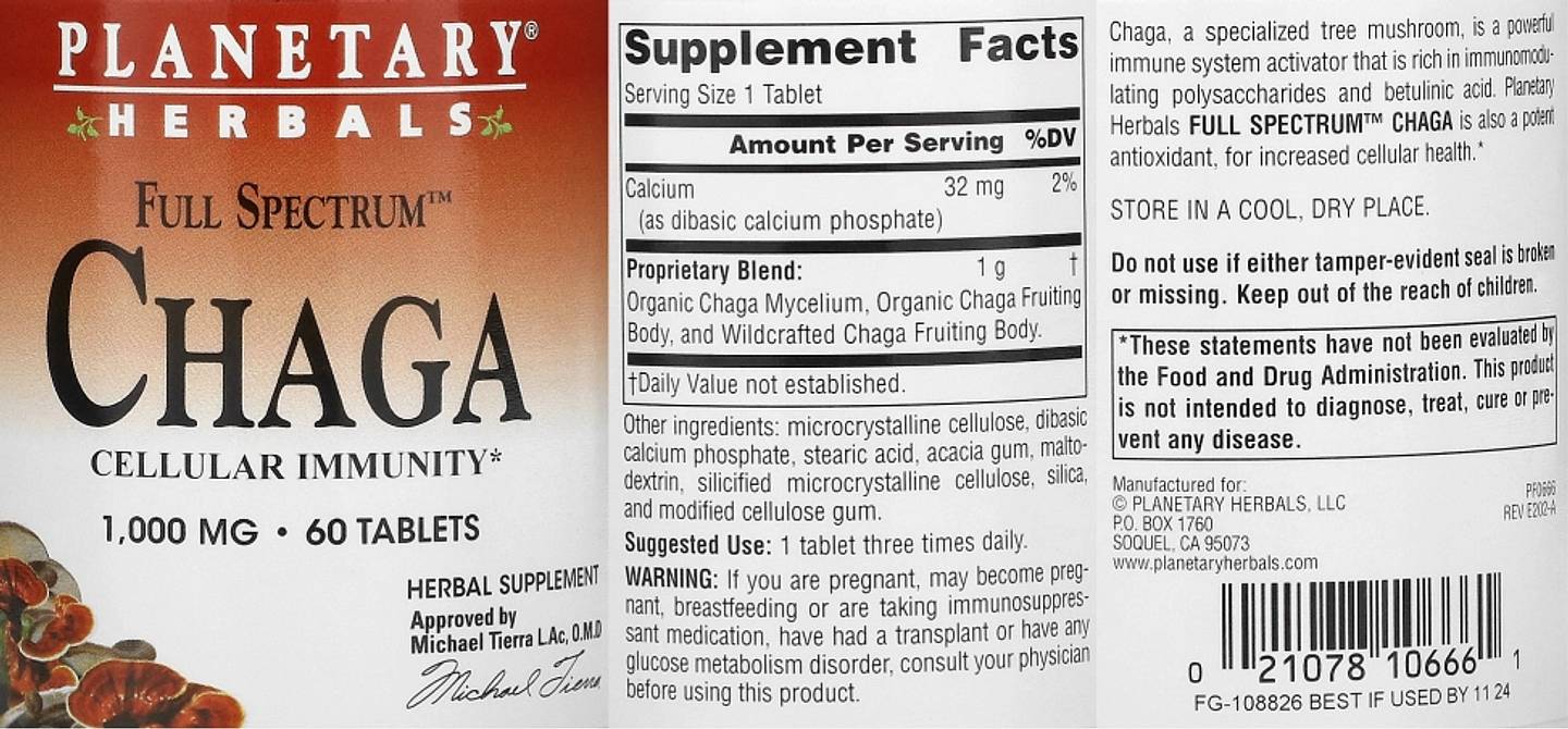 Planetary Herbals, Full Spectrum Chaga label