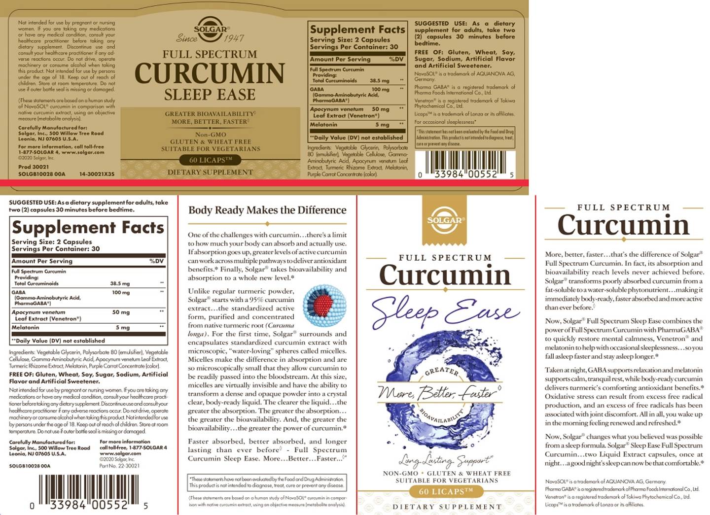 Solgar, Full Spectrum Curcumin, Sleep Ease label