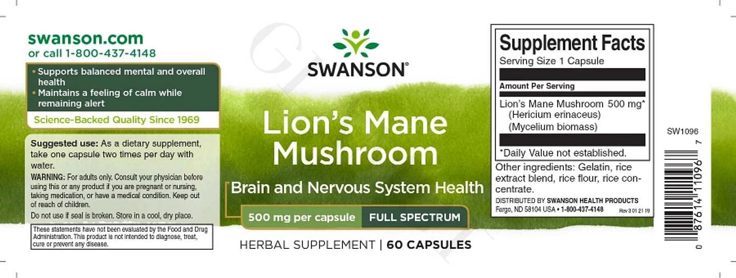 Swanson, Full Spectrum Lion's Mane Mushroom label